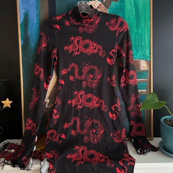SHEIN Black and Red Dragon Print Midi Dress XS - Picture 2 of 15